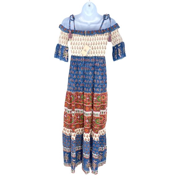 FAHERTY Sylvie Cutout Tie-Strap Boho Lagenlook Maxi in Blue Multi ColorNWT - Picture 3 of 7